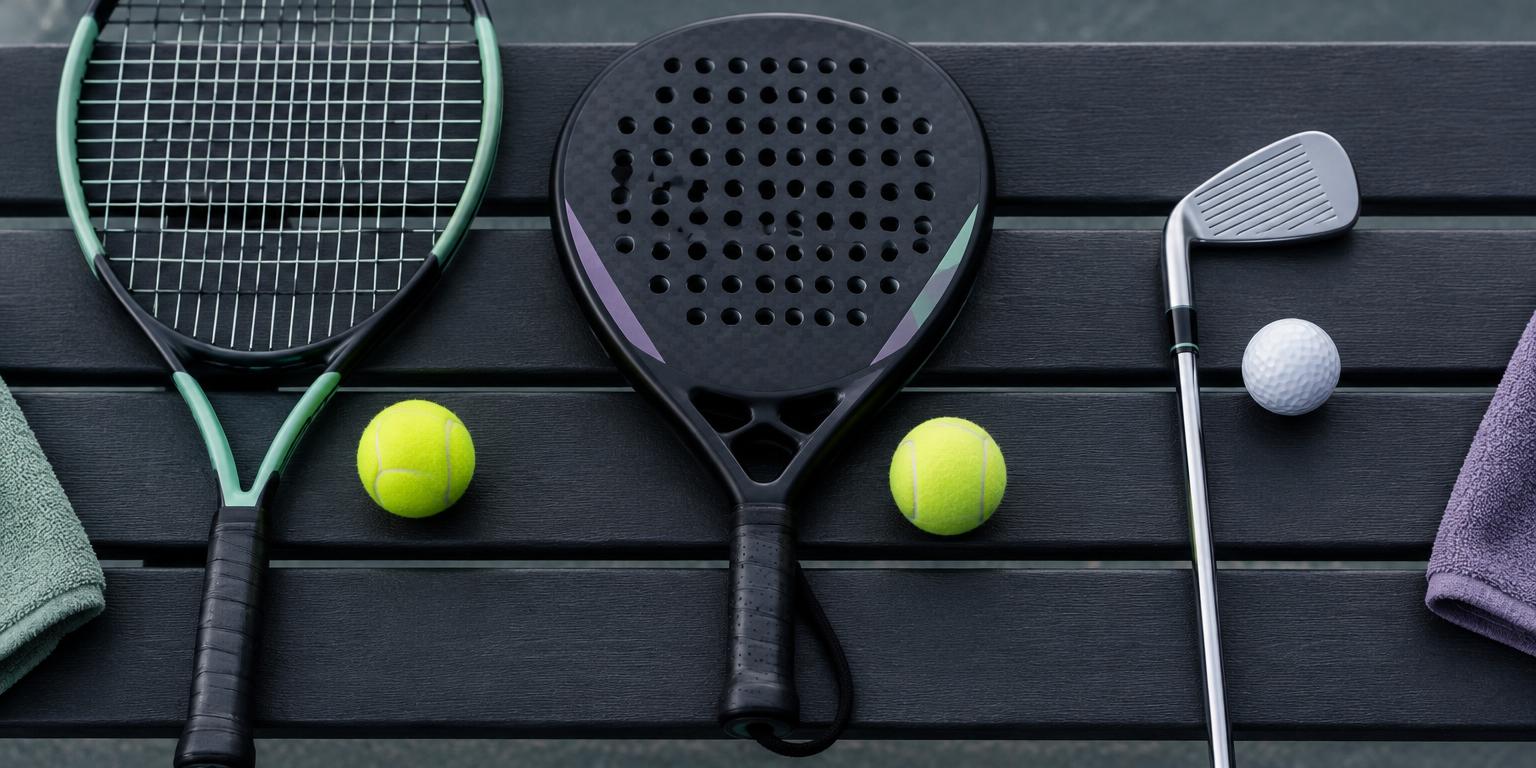 Raquetas de tenis y pádel junto a un palo de golf y sus pelotas